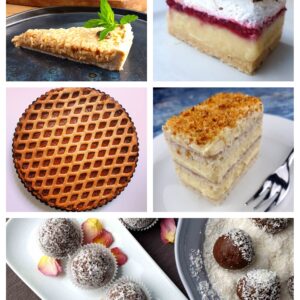 Karácsonyi sütibox (házi diós-barackos rácsos pite, habos-málnás házi krémes, házi krémes, agávés almás pite (GM, CM), kókuszgolyó)